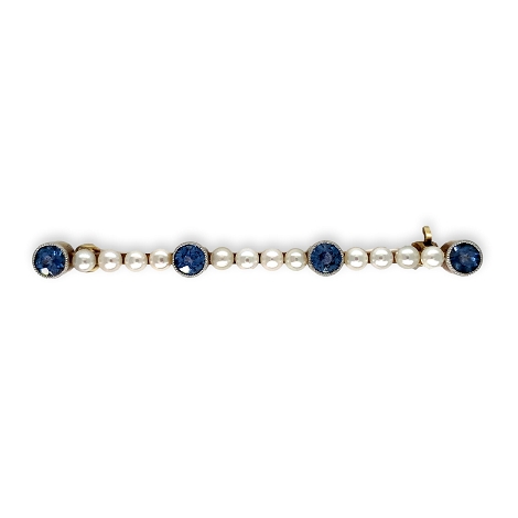 14K yellow gold with Platinum Top Montana Sapphire and Pearl Pin j6878